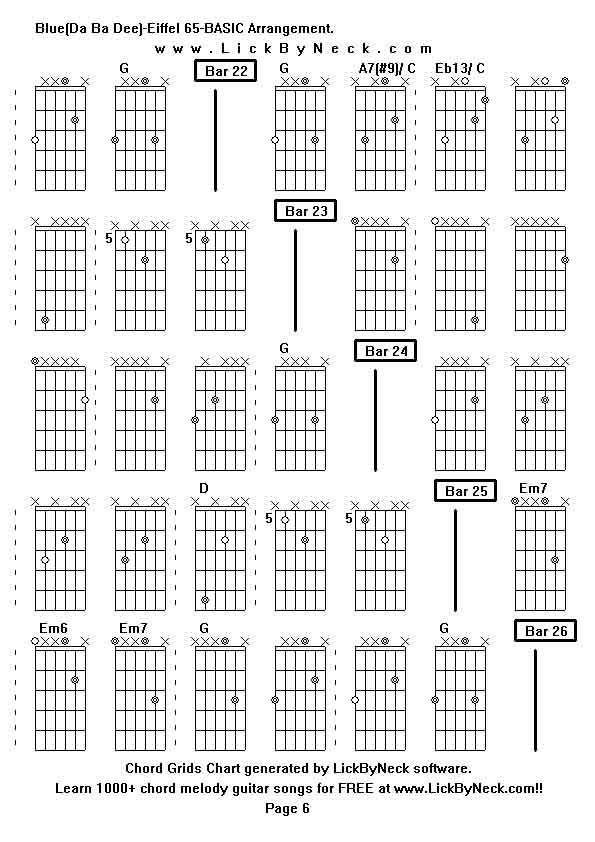 Chord Grids Chart of chord melody fingerstyle guitar song-Blue(Da Ba Dee)-Eiffel 65-BASIC Arrangement,generated by LickByNeck software.